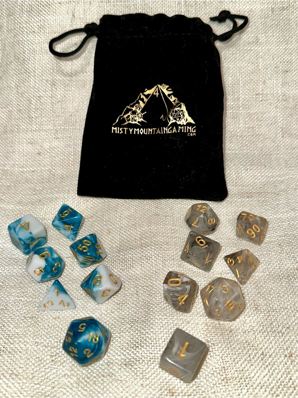 Misty Mountain Gaming DND Dice Sets Blue & Grey Marble Swirl with Velvet Pouch
